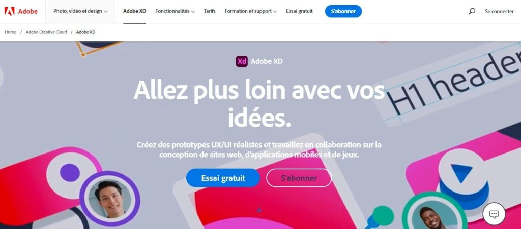 Page d'accueil d'Adobe XD