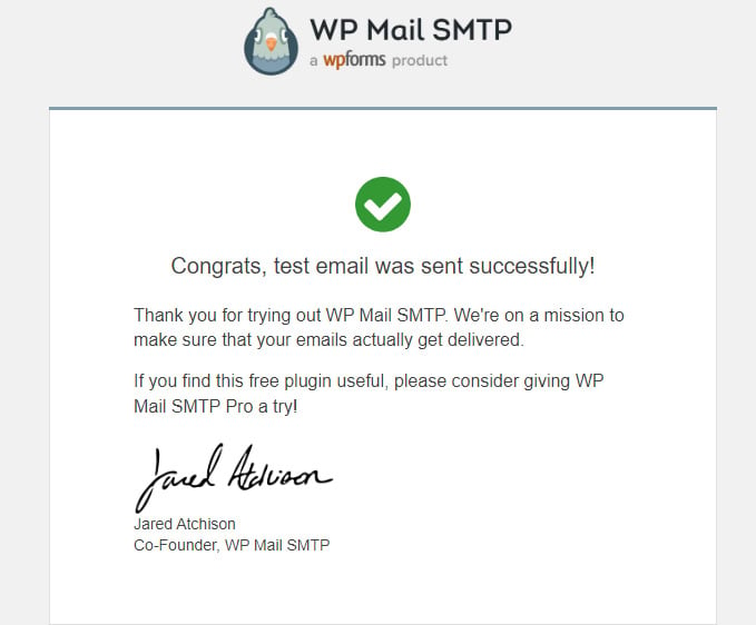 Le message de félicitations pour l'e-mail de test de WP Mail SMTP