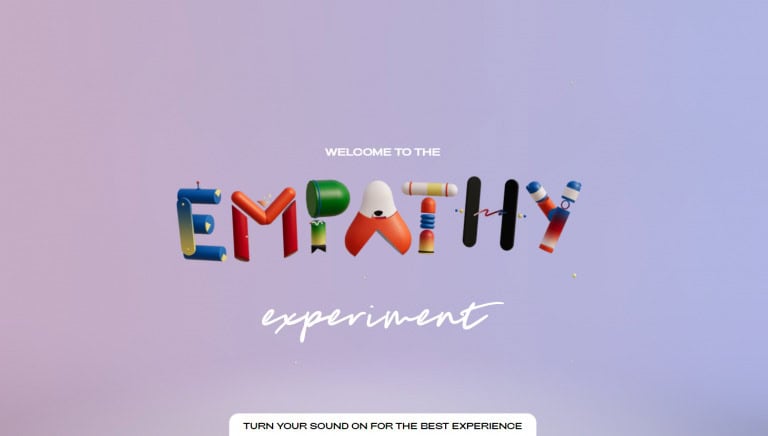 Une capture d'écran du site Web Empathy Experiment avec un dégradé de violet pastel et des accents neutres.