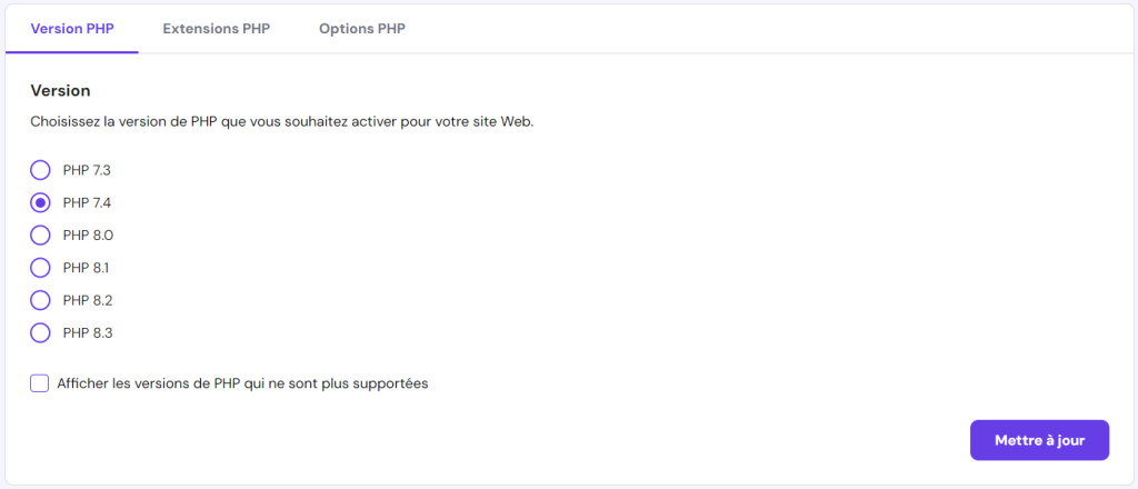 hPanel phpConfiguration pour phpVersion