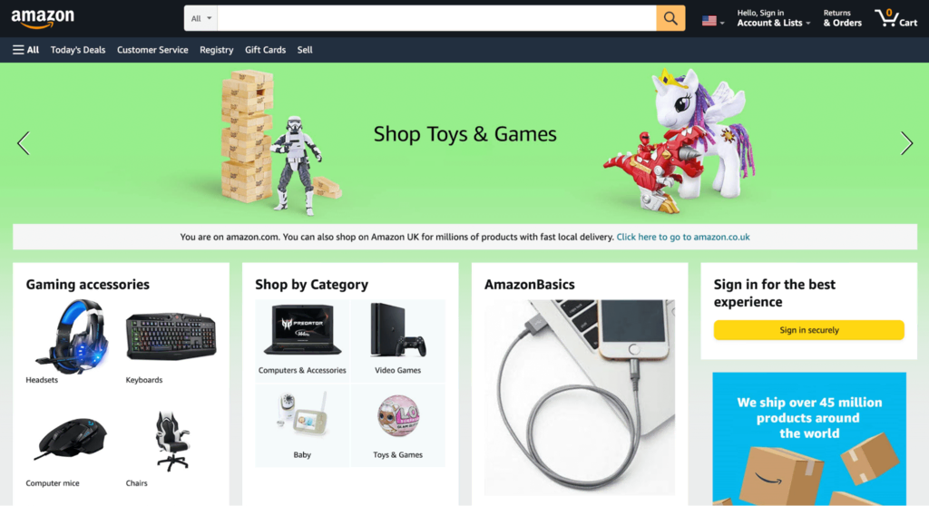 La page de la boutique Jouets et Jeux d'Amazon