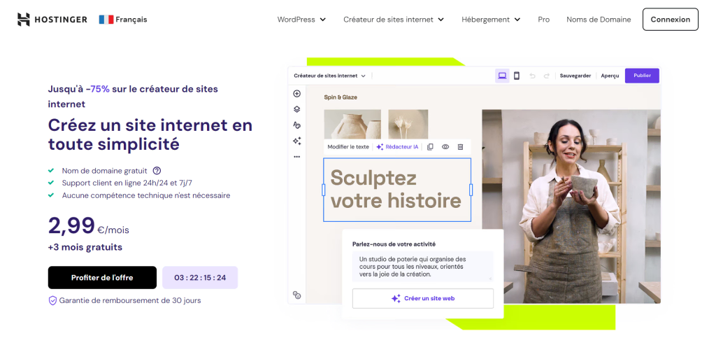 La landing page du créateur de sites internet Hostinger