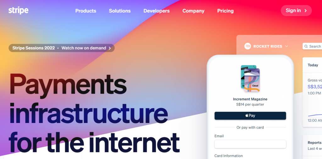 Une capture d'écran du site Web de Stripe avec un dégradé de couleurs, du blanc et du bleu foncé