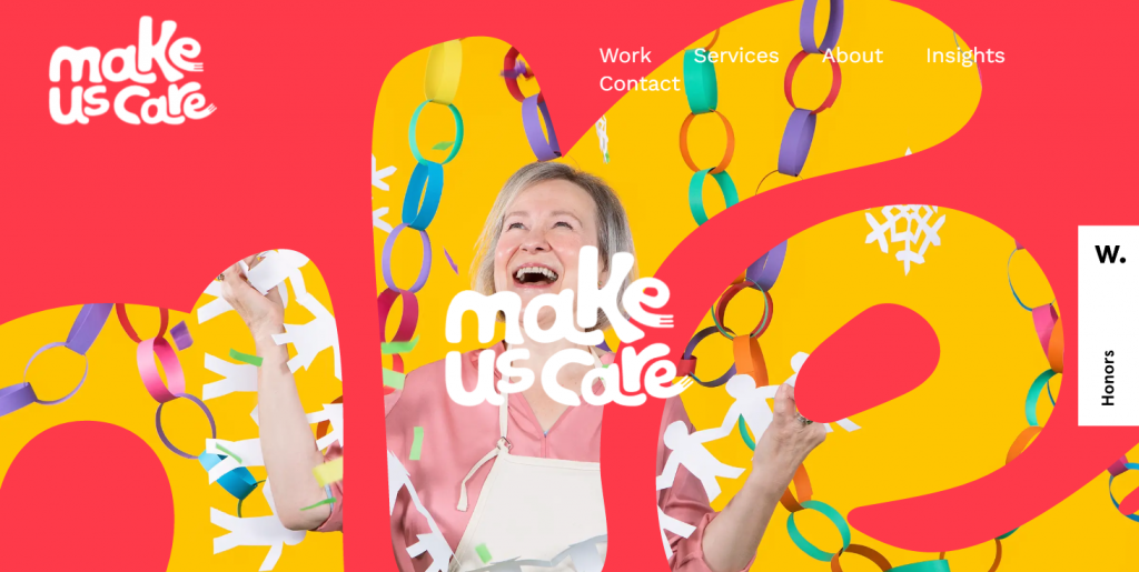 Une capture d'écran du site Web de Make Us Care avec une combinaison de couleurs rouge et jaune.