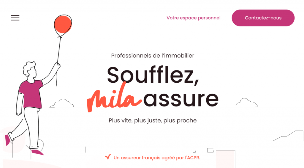 Une capture d'écran du site Web de Mila avec un schéma de couleurs blanc, violet et orange.