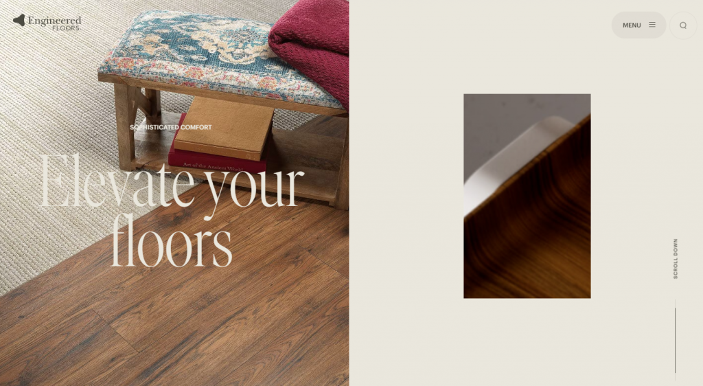 Une capture d'écran du site Web de Engineered Floors avec une combinaison de couleurs marron et beige