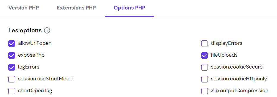 L'onglet des options PHP dans la section de configuration PHP sur hPanel. L'option logErrors est mise en évidence.