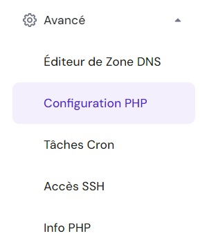 L'option de configuration PHP dans la section Avancé de votre hPanel