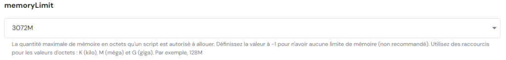 Les paramètres memoryLimit de PHP Configurations sur le hPanel