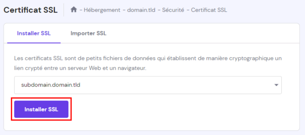 La fonction d'installation des certificats SSL dans hPanel