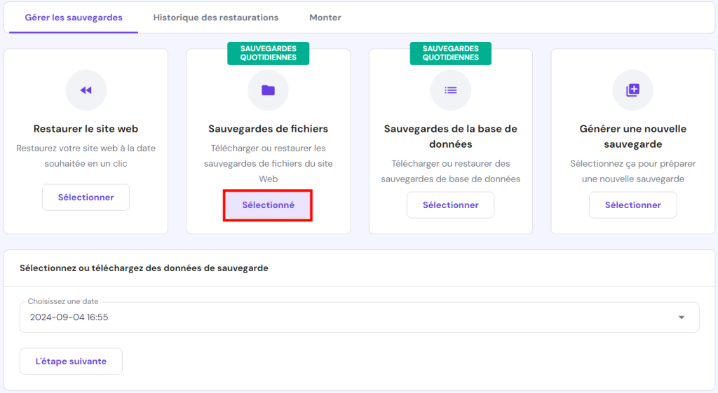 La section Sauvegardes du hPanel. Le bouton Sauvegardes de fichiers est sélectionné
