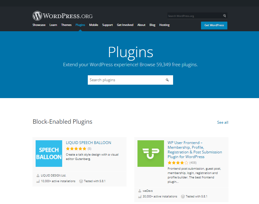 Page de plugins WordPress