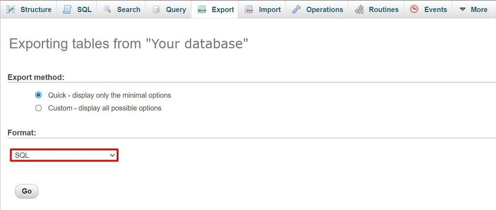 Choisir l'exportation rapide et le format SQL 