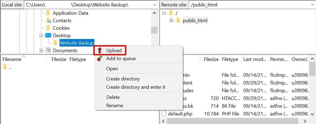 Uploader les fichiers de sauvegarde du site via FileZilla