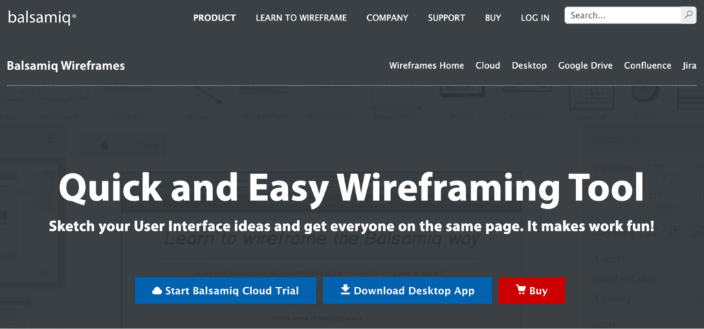 Page d'accueil de l'outil Balsamiq Wireframes