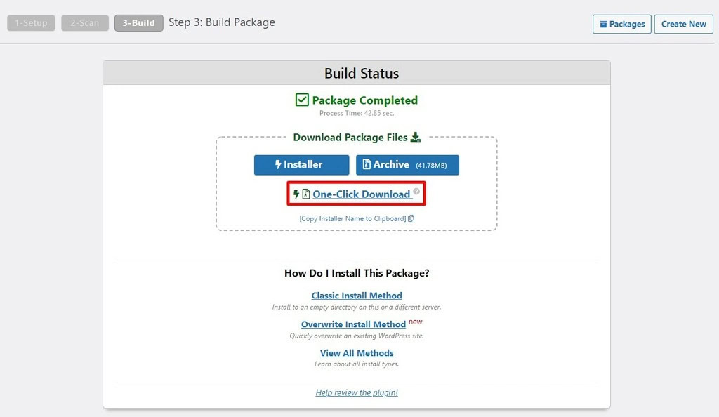 Choisir l'option téléchargement en un clic sur Duplicator 