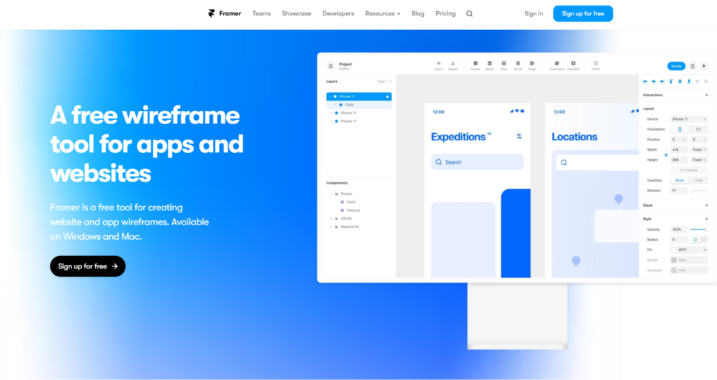 Page d'accueil de Framer, un outil de wireframing avec des composants intelligents et personnalisables