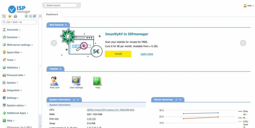 Tableau de bord ispmanager - une des cpanel alternatives