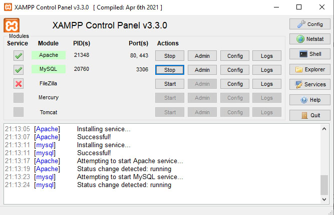 Exécution des modules Apache et MySQL dans XAMPP