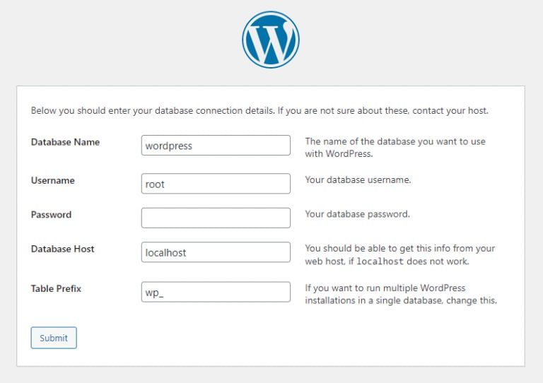 Une liste d'informations requises par WordPress pour créer un site web localhost