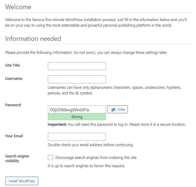 Informations supplémentaires nécessaires à WordPress pour compléter le processus d'installation