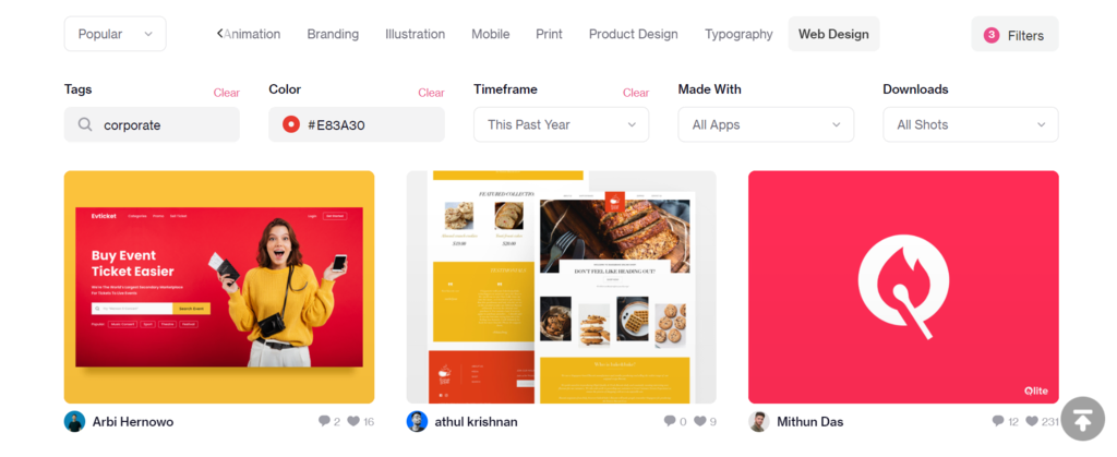 Filtres de recherche sur Dribbble.