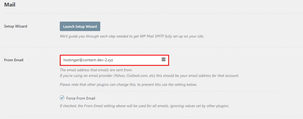 La section "Mail" de WP Mail SMTP, en motrant comment configurer l' adresse email "From". 