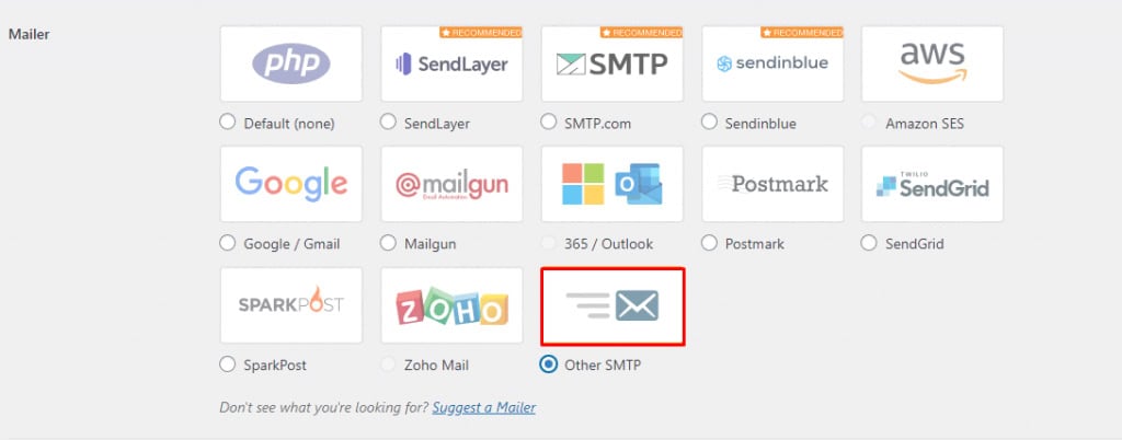 Choisir Autre SMTP dans la section Mailer