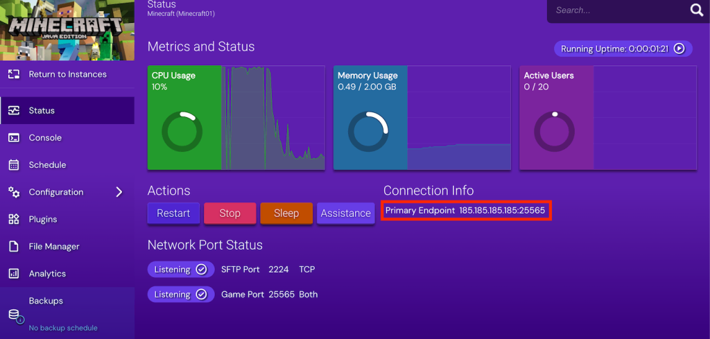 Emplacement du point de terminaison du serveur Minecraft sur le panneau de jeu Hostinger 