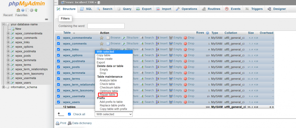 Fenêtre phpMyAdmin montrant comment réparer une table
