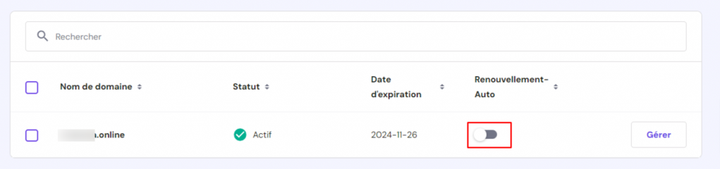 La page des noms de domaine de hPanel avec le bouton de bascule de renouvellement automatique en surbrillance