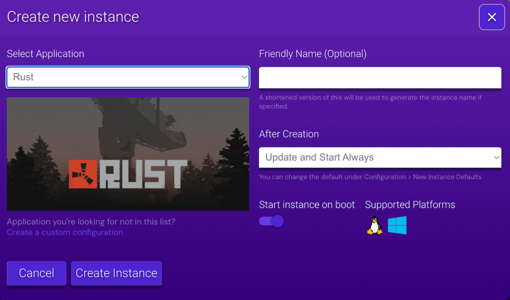 Création d'une instance Rust dans le Game Panel d'Hostinger 