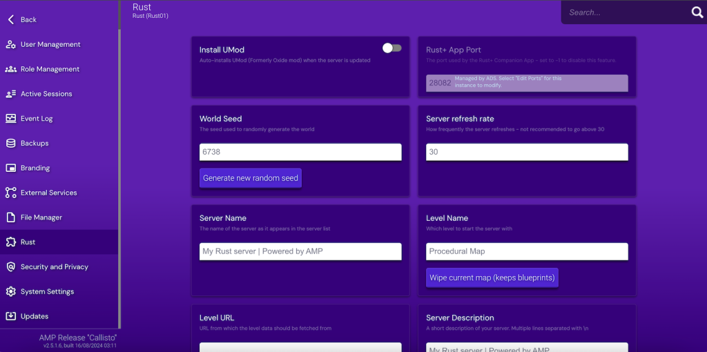 Ecran de configuration du serveur Rust dans Game Panel 