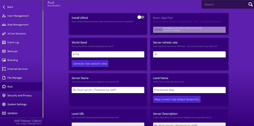 Ecran de configuration du serveur Rust dans Game Panel 