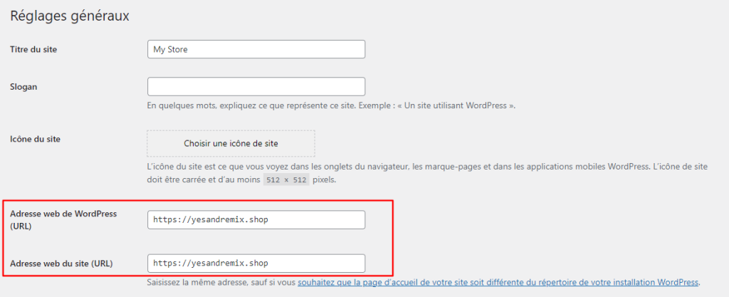 Panneau des réglages de WordPress avec les champs d'URL surlignés