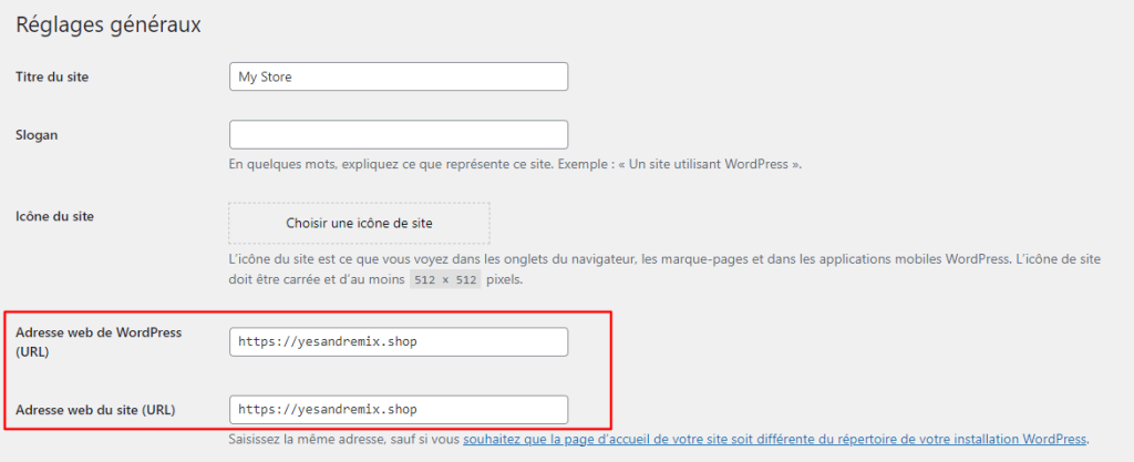 Panneau des réglages de WordPress avec les champs d'URL surlignés