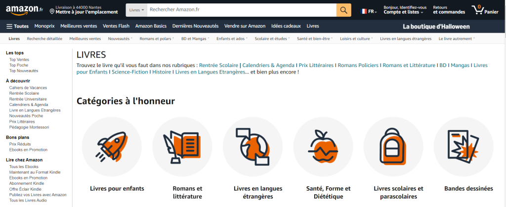 Page d'accueil d'Amazon, une marketplace en ligne pour l'achat et la vente d'une grande variété d'articles 