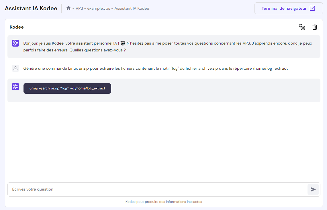 L'assistant IA de Hostinger VPS génère une commande de décompression à la demande de l'utilisateur