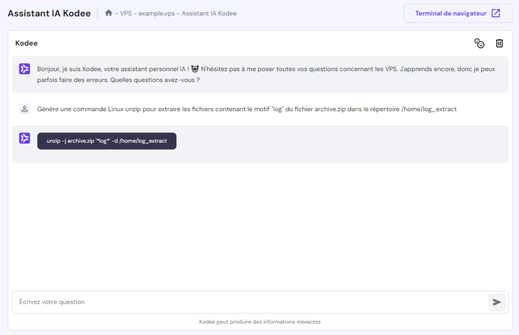 L'assistant IA de Hostinger VPS génère une commande de décompression à la demande de l'utilisateur