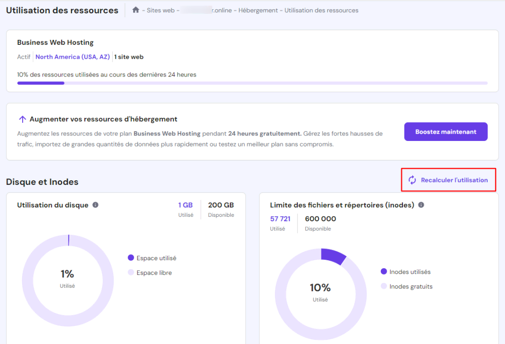 La page Utilisation des ressources dans hPanel. Le bouton Recalculer l'utilisation est en surbrillance