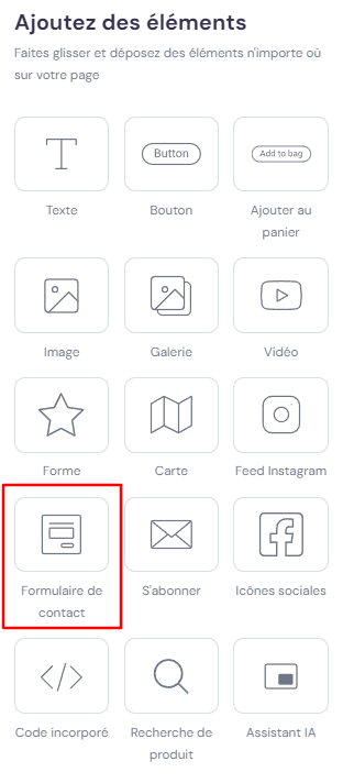 Option d'ajout d'éléments du créateur de sites d'Hostinger soulignant le formulaire de contact 