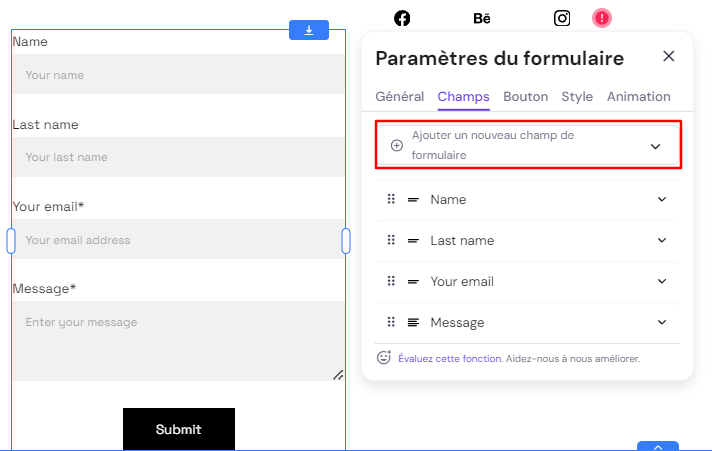 Le formulaire de contact mettant en évidence l'option d'ajout d'un nouveau champ de formulaire 