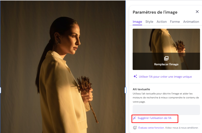 Suggestion d'utlisation de l'IA pour générer un texte alt dans le créateur de site Hostinger