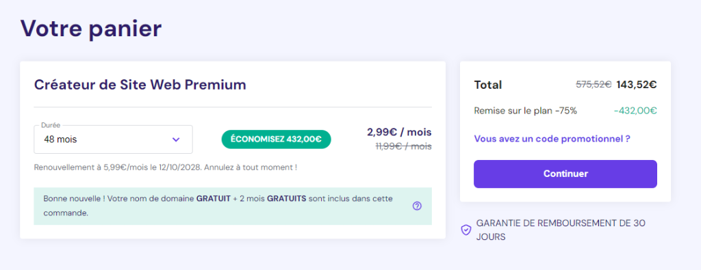 Page de paiement du Créateur de site Hostinger