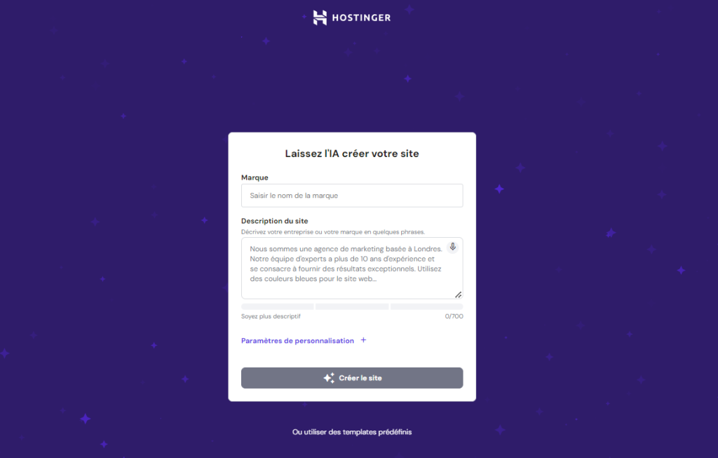 Page du créateur IA de site Web Hostinger
