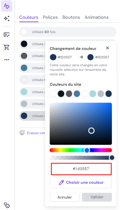 boîte de changement de la valeur des couleurs d'Hostinger