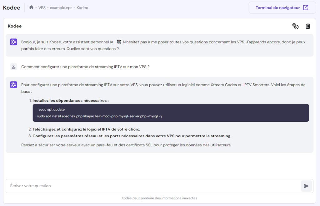 L'assistant Kodee IA génère une instruction pour mettre en place une plateforme de streaming IPTV 