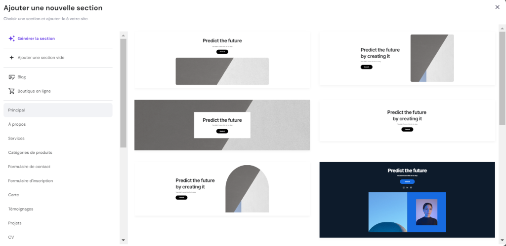 Ajouter une nouvelle section dans le Créateur de site Web Hostinger 