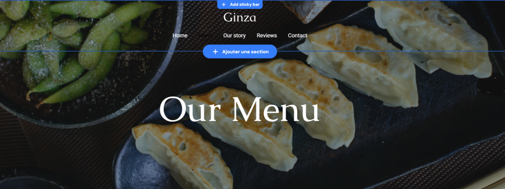 La page Menu sur le template Ginza