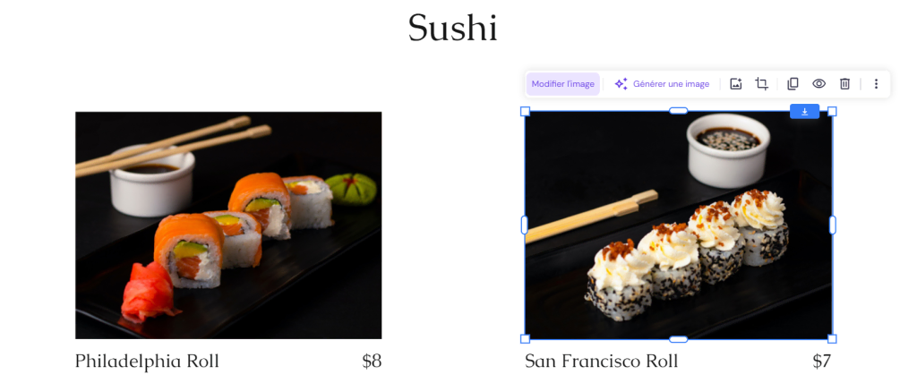 Le bouton Modifier l'image sur la page Menu de Ginza 